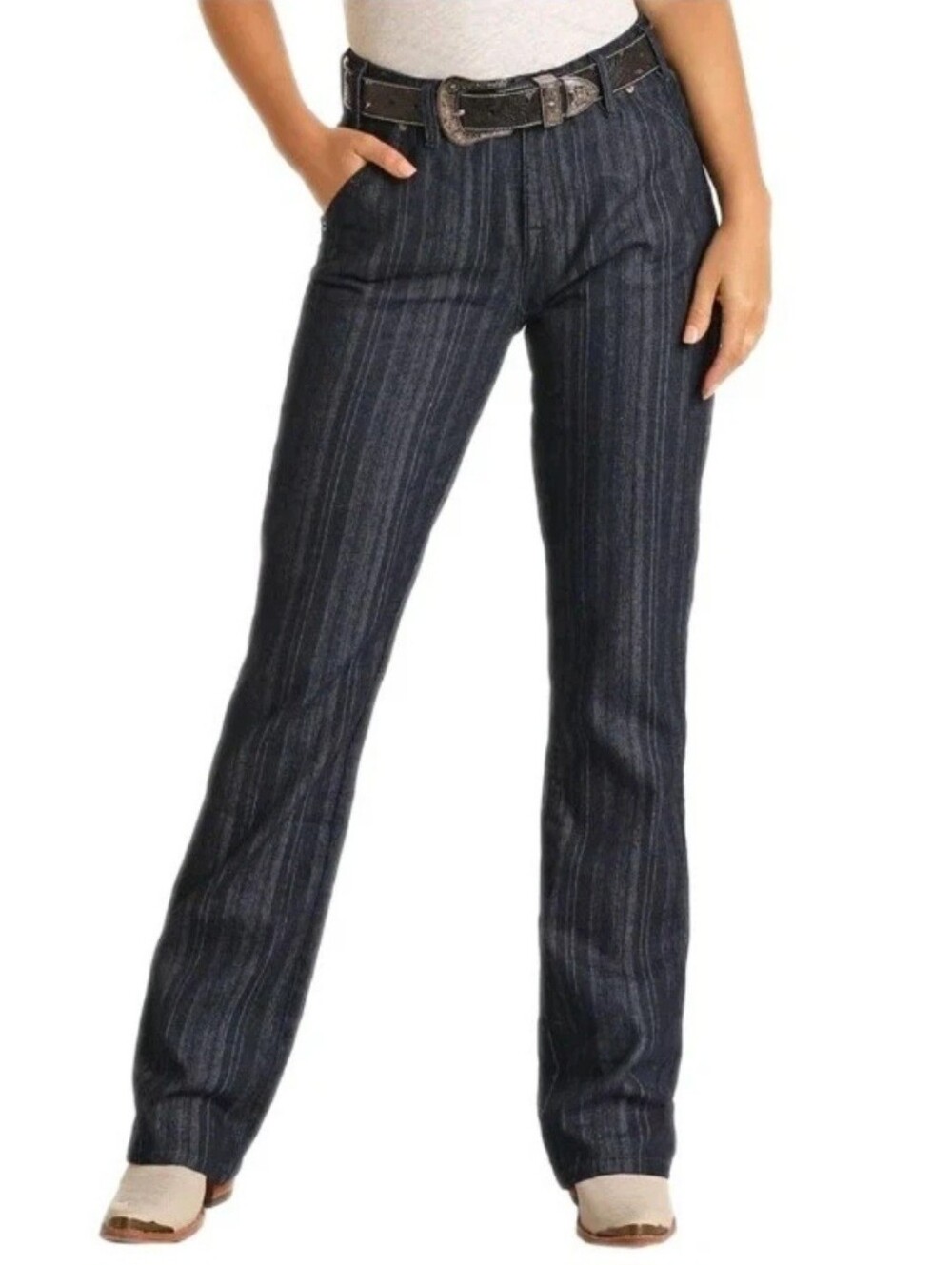NWT Rock & Roll Cowgirl High-Rise Tonal Stripe Boot Cut Womens Denim Jeans 29x34
